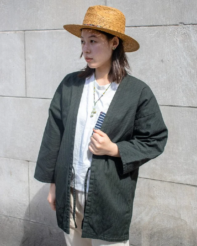 Hiking Jackets for Photography Trips-Ennichi Jacket, Hanten, Khaki Green with Sashiko Stitching