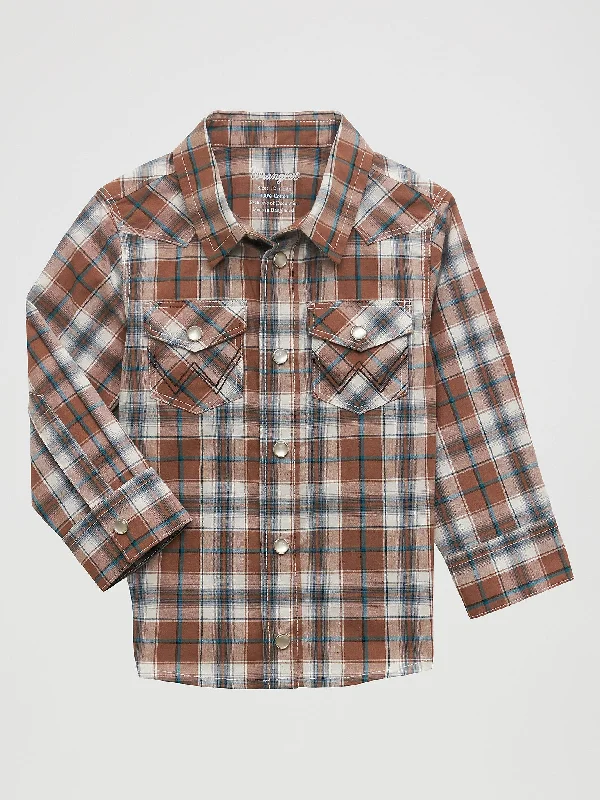 Hiking shirt with neck vent-Little Boys' Long Sleeve Snap Front Plaid Western Shirt - Brown Bark