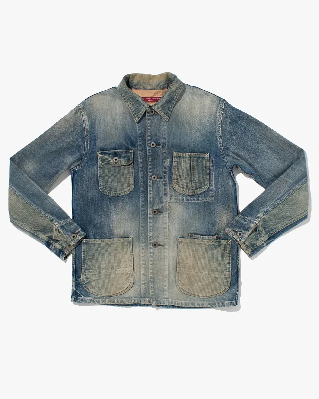 Hiking Jackets for Fitness Goals-Japanese Repro Denim Jacket, Fundamental Agreement, Distressing and Patched Pockets