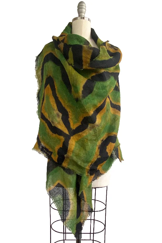 Open Weave Linen Shawl Wrap w/ Itajime Dye - Yellow, Green, & Black