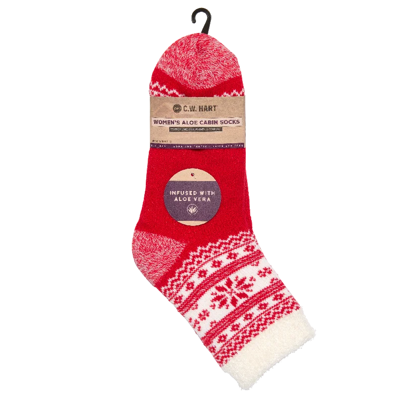 Hiking Socks for uneven walks-Cozy Cabin Xmas Snowflake Sock With Aloe - Red/White