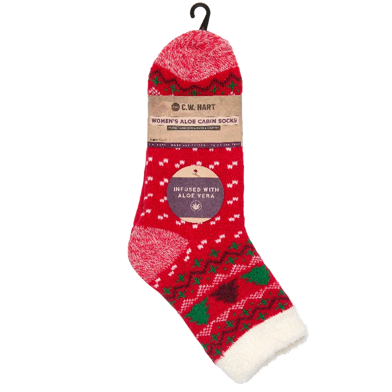 Hiking Socks for leisurely trails-Cozy Cabin Xmas Tree Sock With Aloe - Red/White