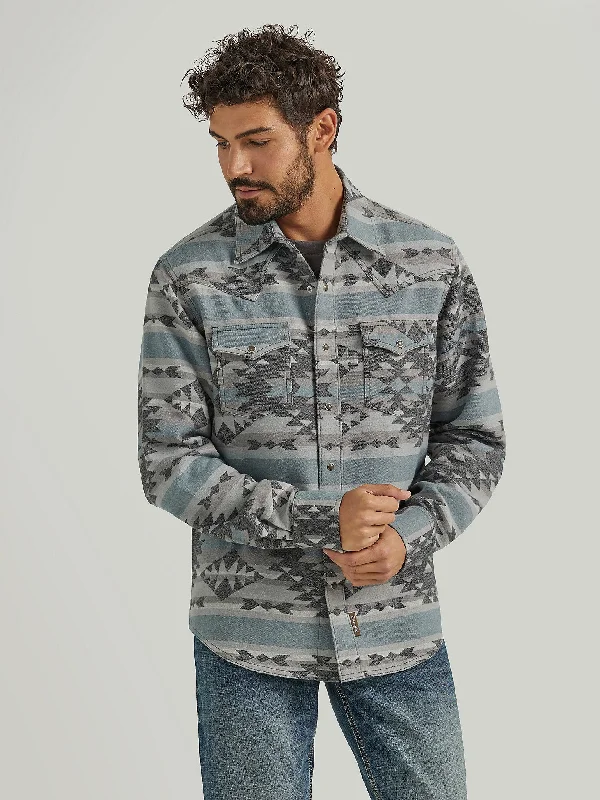 Hiking Jackets for Shoulder Comfort-Men's Retro Premium Jacquard Snap Shirt Jacket - Blue Steel