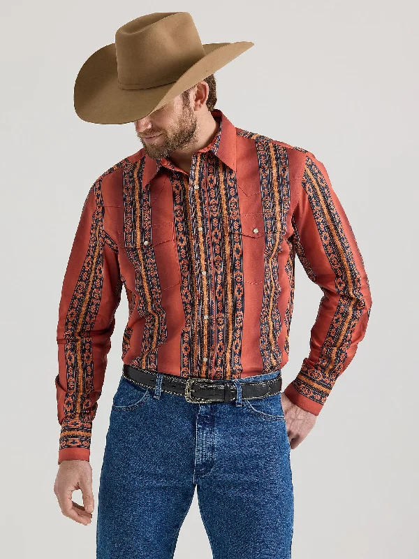 Trekking hiking shirt wilderness-Men's Checotah Long Sleeve Western Snap Printed Shirt - Rusty Orange