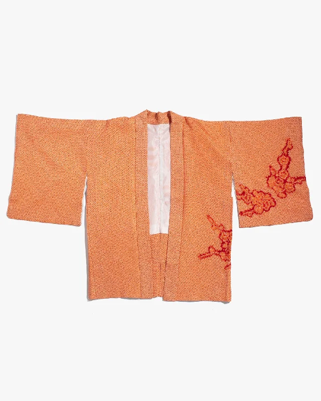 Hiking Jackets for Practical Use-Vintage Haori Jacket, Full Shibori, Orange with Red Floral