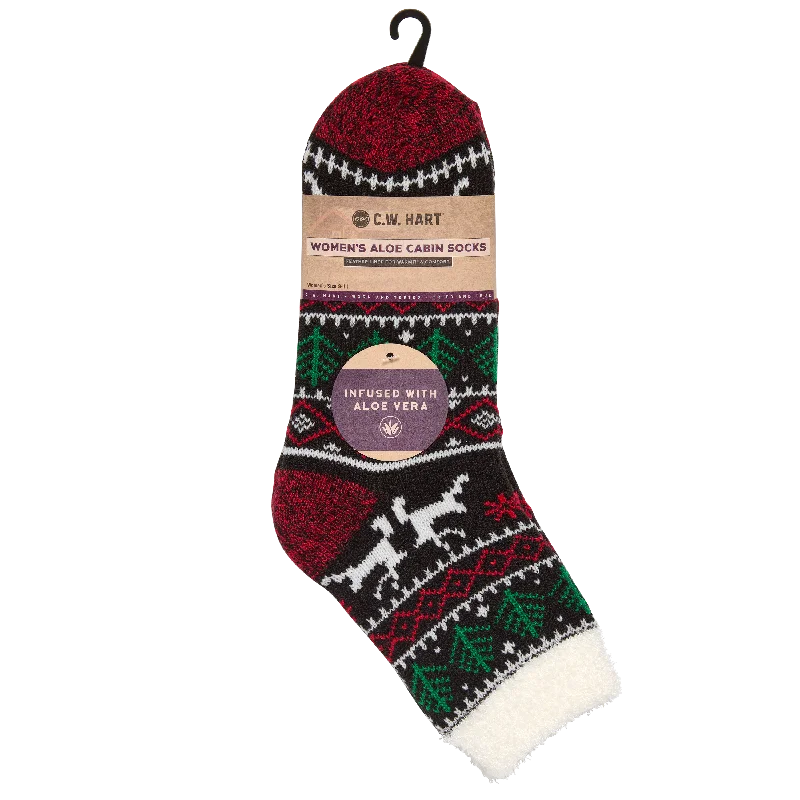 Hiking Socks for coastal hikes-Cozy Cabin Xmas Reindeer Sock With Aloe - Black/Red/White