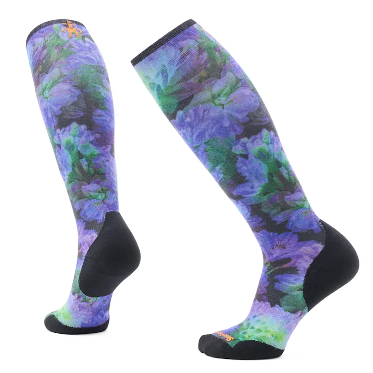 Hiking Socks for snowy hikes-Women's Ski Targeted Cushion Electric Lotus Print Otc Sock - Black