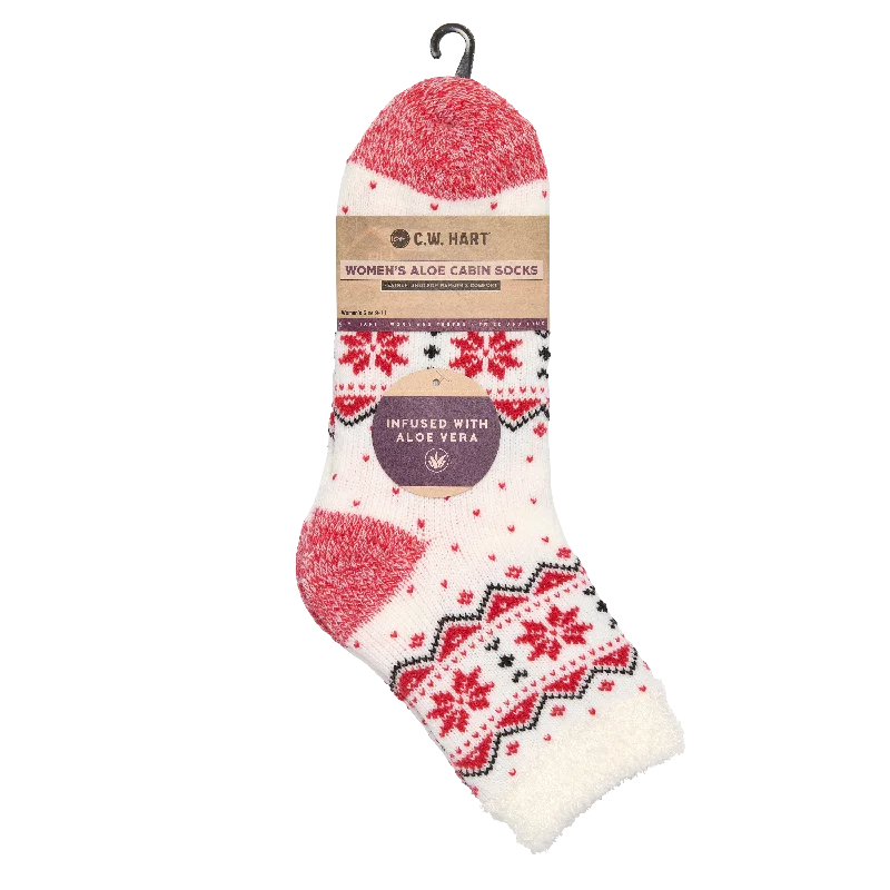 Hiking Socks for desert walks-Cozy Cabin Snowflake Sock With Aloe - Red/White