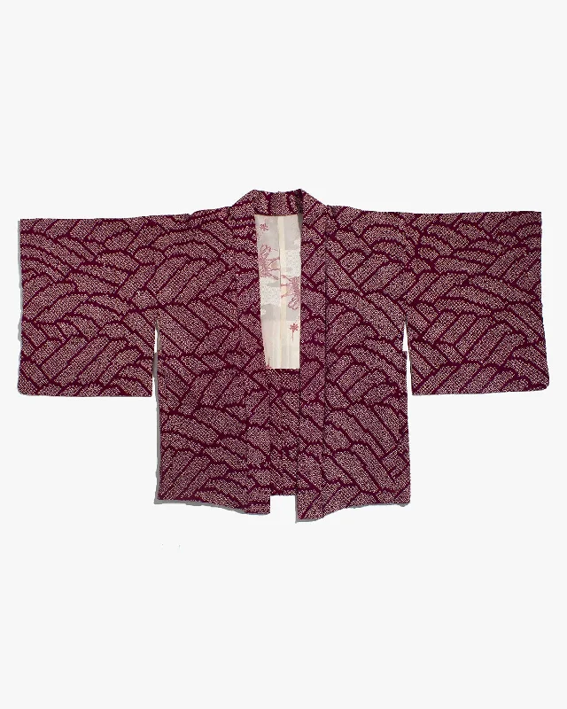 Hiking Jackets for Muddy Paths-Vintage Haori Jacket, Full Shibori, Abstract Burgundy Seigaiha