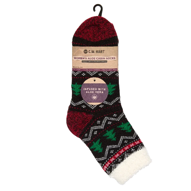 Hiking Socks for park hikes-Cozy Cabin Tree Sock With Aloe - Black/Green/Red