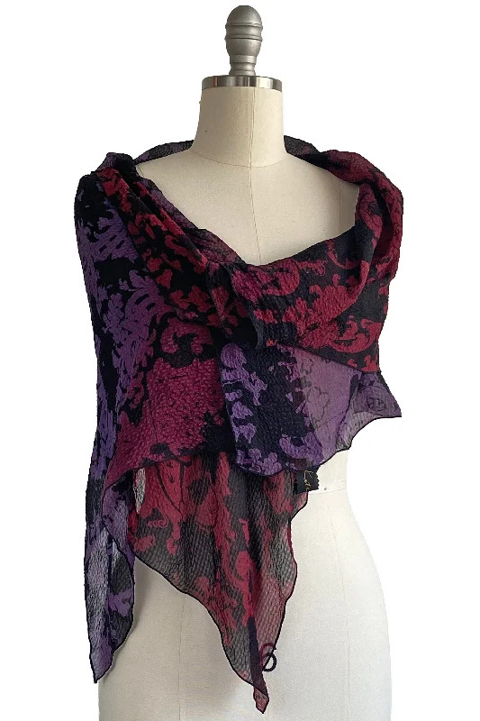 Shawl in Seersucker Silk w/ Wallpaper Print - Black, Magenta & Purple