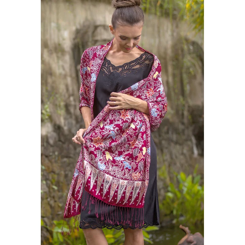 Maroon Garden Red Batik Silk Shawl