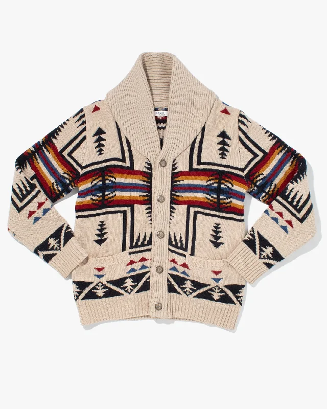 Hiking Jackets for Wildlife Encounters-Japanese Repro Winter Jacket, Naval, Cream with Multi Geometric Designs