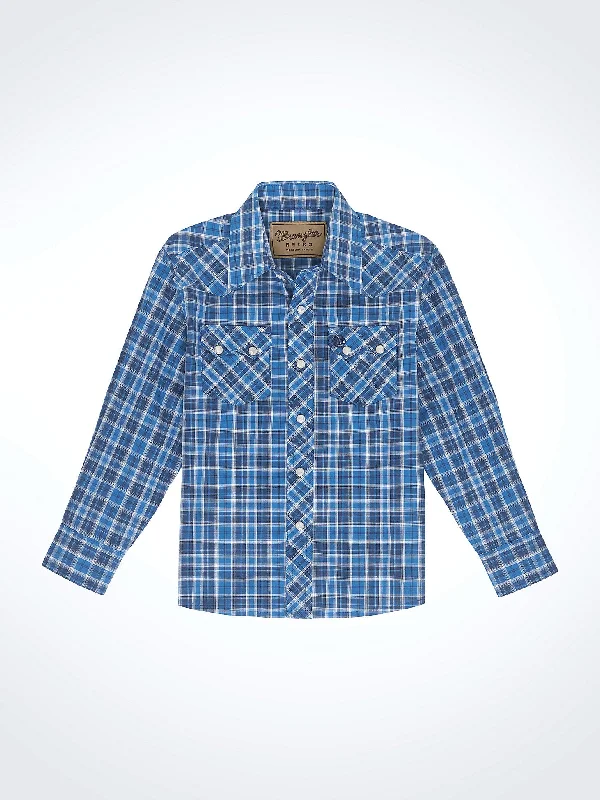 Hiking shirt premium peak-Boys' Retro Western Snap Plaid Shirt with Front Sawtooth Pockets - Azure Chromatic