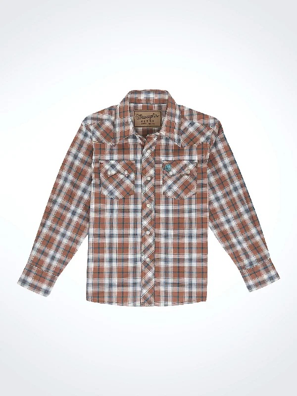 Hiking shirt side-meshed explorer-Boys' Retro Western Snap Plaid Shirt with Front Sawtooth Pockets - Brown Bark