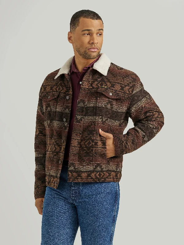 Hiking Jackets for Regular Fit-Men's Sherpa Lined Jacquard Print Jacket - Canyon Vibe