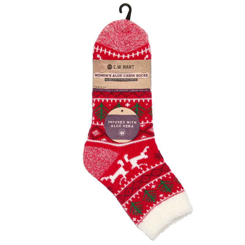 Hiking Socks for lowland hikes-Cozy Cabin Xmas Reindeer Sock With Aloe - Red/White/Green