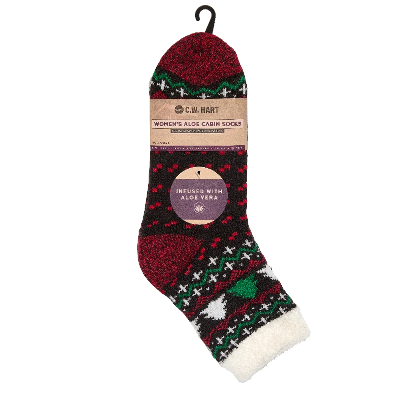 Hiking Socks for fast-paced hikes-Cozy Cabin Xmas Tree Sock With Aloe - Black/Red