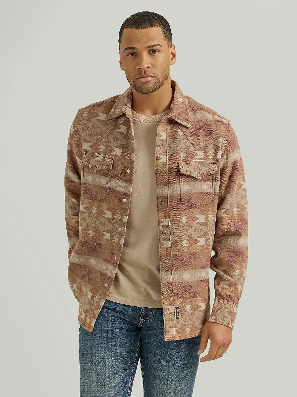 Hiking Jackets with Neutral Tones-Men's Retro Premium Jacquard Snap Shirt Jacket - Sand