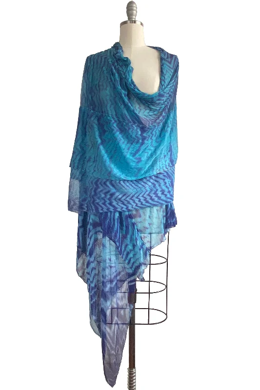 Shawl in Layered Silk Tulle Knit w/ Shibori Arashi Dye - Blue & Aqua