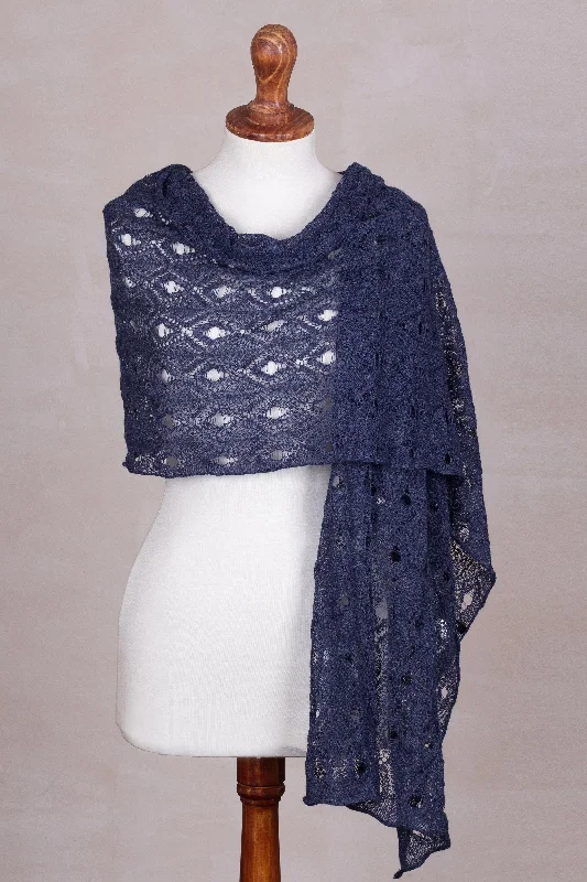 Breezy Skies in Blue 100% Alpaca Crocheted Shawl in Blue from Peru