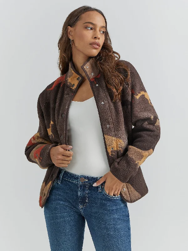 Hiking Jackets with Moisture-Wicking-Women's Retro Printed Sherpa Snap Jacket - Stallion Brown